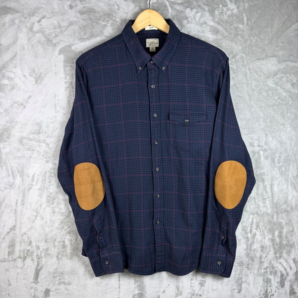 J Crew Mens Cotton Wool Flannel Shirt Elbow Patches Slim Large Blue Heritage Dad